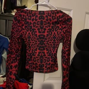 Red and Black Leopard Print Long Sleeve Top